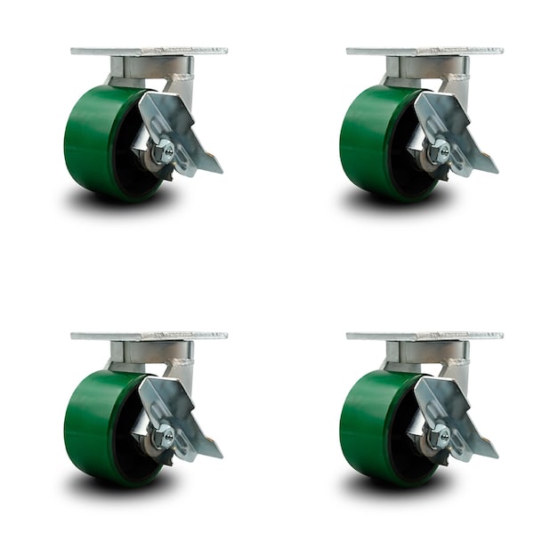 Service Caster 6 Inch Heavy Duty Green Poly on Cast Iron Swivel Caster Set with Brakes, 4PK SCC-KP92S630-PUR-GB-SLB-4 - main